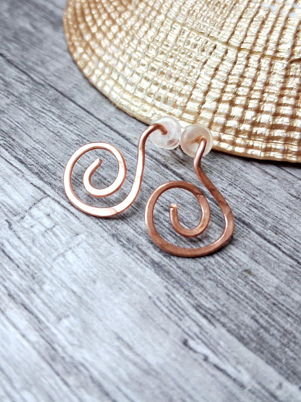 Hammered Copper Spiral Wire Stud Earrings Minimalist
